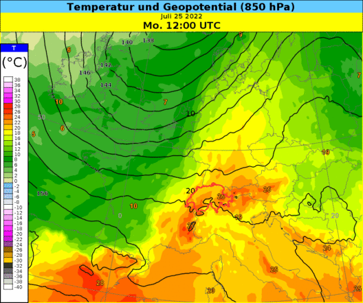 Temperatur und Geopotentialverlauf auf 850 hPa (ca. 1500 m ü.M.) zwischen gestern 12 UTC und heute 18 UTC.